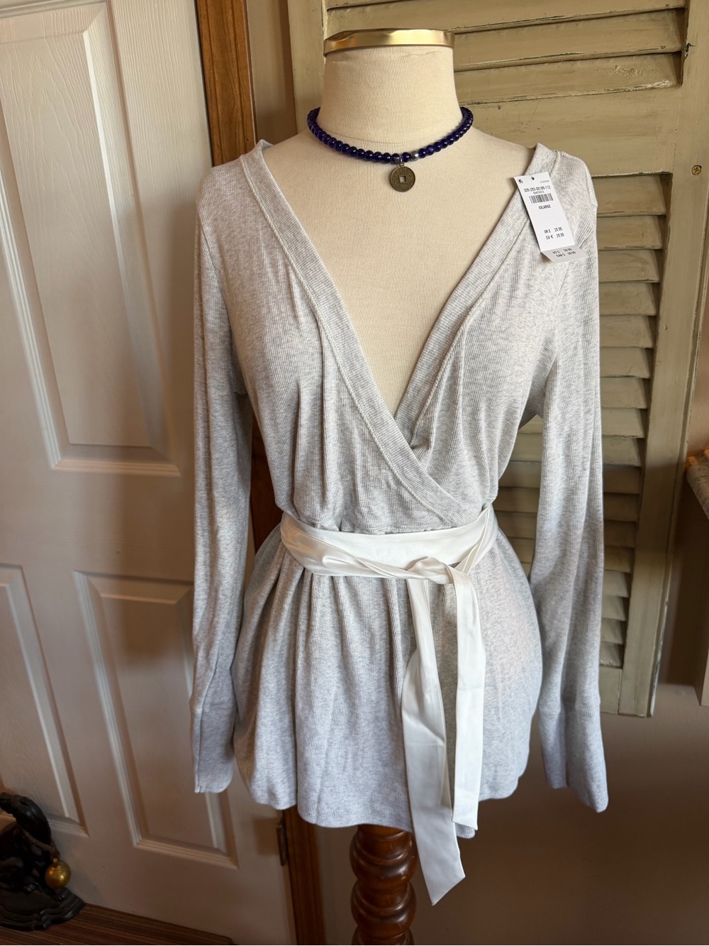 Hollister Light Gray Wrap-Front Long Sleeve Top with Cream Waist Tie